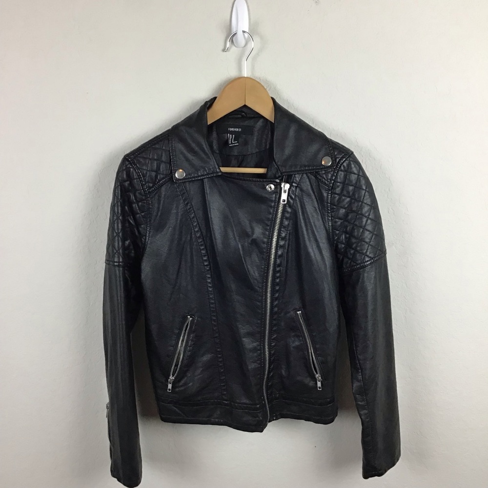 Forever 21 Faux Leather Jacket M Black Moto Biker Zip Up Coat Women’s - Picture 5 of 10
